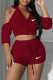 Burgundy Fashion Sportswear Print Patchwork Hooded Collar Half Sleeve Two Pieces