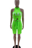 Fluorescent Green Casual Print Bandage Patchwork Half A Turtleneck Sleeveless Two Pieces