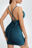Blue Fashion Sexy Solid Bandage Backless Spaghetti Strap Sleeveless Dress