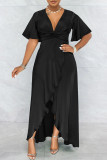 Black Fashion Casual Solid Patchwork V Neck Short Sleeve Dress Dresses