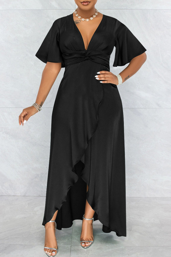 Black Fashion Casual Solid Patchwork V Neck Short Sleeve Dress Dresses