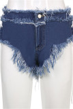 Blue Fashion Sexy Solid Bandage Patchwork Backless Halter Sleeveless Two Pieces