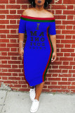 Blue Fashion Casual Letter Print Patchwork Off the Shoulder Short Sleeve Dress