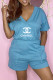 Blue Fashion Casual Print Letter V Neck Rompers