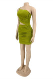 Green Fashion Sexy Solid Hollowed Out Backless Fold Spaghetti Strap Sleeveless Dress