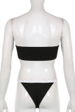 Black Vacation Solid Hollowed Out Patchwork Swimwears