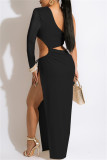 Black Fashion Sexy Solid Hollowed Out Backless Slit Oblique Collar Long Sleeve Dresses