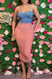 Pink Sexy Casual Patchwork Backless Fold Strapless Sleeveless Dress