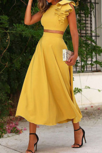 Yellow Elegant Solid Patchwork Backless O Neck Sleeveless Two Pieces