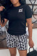 Black Fashion Casual Print Patchwork O Neck Short Sleeve Two Pieces
