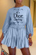 Light Blue Fashion Casual Print Letter O Neck Loose Rompers