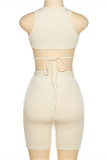 Apricot Fashion Sexy Solid Bandage Backless O Neck Sleeveless Two Pieces