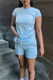 Pink Fashion Casual Letter Print Basic O Neck Short Sleeve Two Pieces