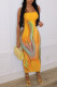 Yellow Sexy Print Patchwork Strapless Pencil Skirt Dresses