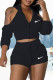 Black Fashion Sportswear Print Patchwork Hooded Collar Half Sleeve Two Pieces