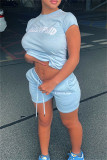 Pink Fashion Casual Letter Print Basic O Neck Short Sleeve Two Pieces