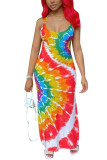 Yellow Fashion Sexy adult Ma'am Red Blue Yellow Spaghetti Strap Sleeveless Slip Swagger Ankle-Length Print Tie and dye Dresses