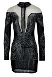 Gold Sexy Solid Patchwork See-through Hot Drill O Neck Pencil Skirt Dresses