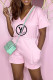 Pink Fashion Casual Print Letter V Neck Rompers