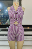 Purple Fashion Sexy Striped Print Bandage Patchwork Backless Turn-back Collar Sleeveless Two Pieces
