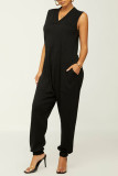 White Casual Solid Patchwork Pocket V Neck Loose Jumpsuits