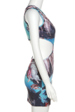 Blue Sexy Print Patchwork One Shoulder Pencil Skirt Dresses