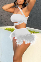 White Sexy Solid Patchwork Feathers Spaghetti Strap Sleeveless Two Pieces