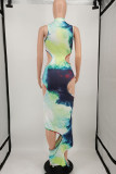 Multicolor Sexy Print Hollowed Out Patchwork Asymmetrical O Neck One Step Skirt Dresses
