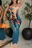 Pink Fashion Print Patchwork Spaghetti Strap Trumpet Mermaid Dresses