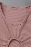 Pink Sexy Solid Hollowed Out Patchwork O Neck Short Sleeve Two Pieces