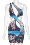 Blue Sexy Print Patchwork One Shoulder Pencil Skirt Dresses