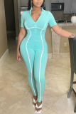 Blue Sexy Solid Patchwork Turndown Collar Skinny Jumpsuits