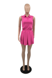 Rose Red Fashion Solid Patchwork Turndown Collar Sleeveless Two Pieces