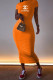Orange Fashion Casual Print Letter O Neck One Step Skirt Dresses
