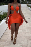 Yellow Sexy Solid Tassel Hollowed Out Halter Pencil Skirt Dresses