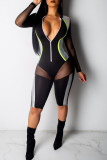 Rose Red Sexy Solid Patchwork See-through Zipper Collar Regular Rompers