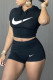 Black Fashion Sportswear Print Patchwork Hooded Collar Short Sleeve Two Pieces