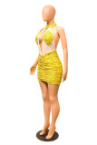 Yellow Sexy Patchwork Sequins See-through Backless Halter Sleeveless Dress Dresses