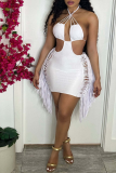 Yellow Sexy Solid Tassel Hollowed Out Halter Pencil Skirt Dresses