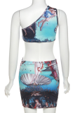 Blue Sexy Print Patchwork One Shoulder Pencil Skirt Dresses