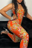 Orange Sexy Print Patchwork Square Collar Skinny Jumpsuits