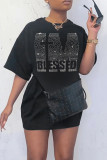 Black Casual Solid Patchwork Hot Drill O Neck T-shirt Dress Dresses
