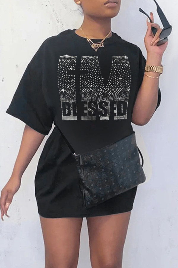 Black Casual Solid Patchwork Hot Drill O Neck T-shirt Dress Dresses
