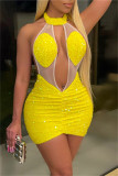 Red Sexy Patchwork Sequins See-through Backless Halter Sleeveless Dress Dresses