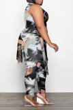 Red Fashion Print Draw String O Neck Plus Size Two Pieces