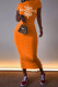 Orange Fashion Casual Print Letter O Neck One Step Skirt Dresses