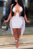 Yellow Sexy Solid Tassel Hollowed Out Halter Pencil Skirt Dresses
