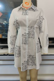 White Casual Print Patchwork Buckle Turndown Collar Shirt Dress Dresses