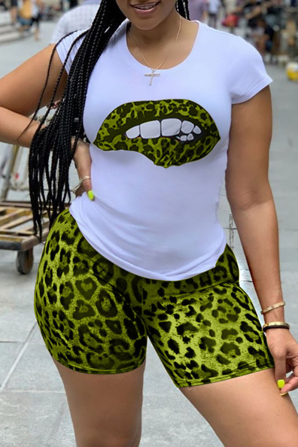 Fluorescent Green Casual Print Patchwork O Neck Short Sleeve Two Pieces