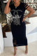 Black Fashion Casual Print Ripped O Neck One Step Skirt Dresses